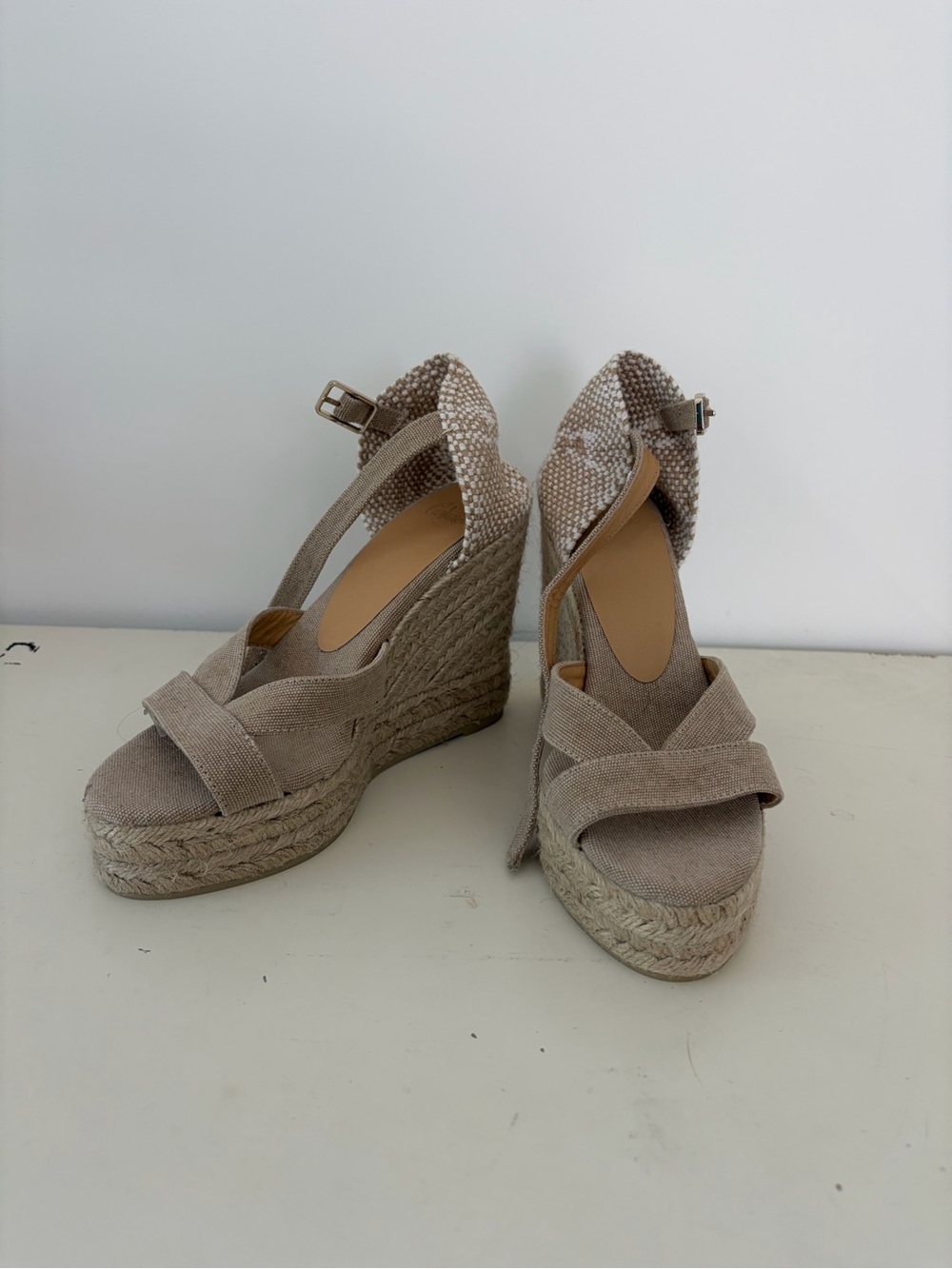 Castañer Bruna Neutral Tan Espadrille Wedge Sandals with Ankle Strap